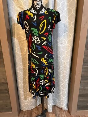 Sunshine Starshine Vintage 1980s Black Dress w/ Colorful Abstract Print size 10